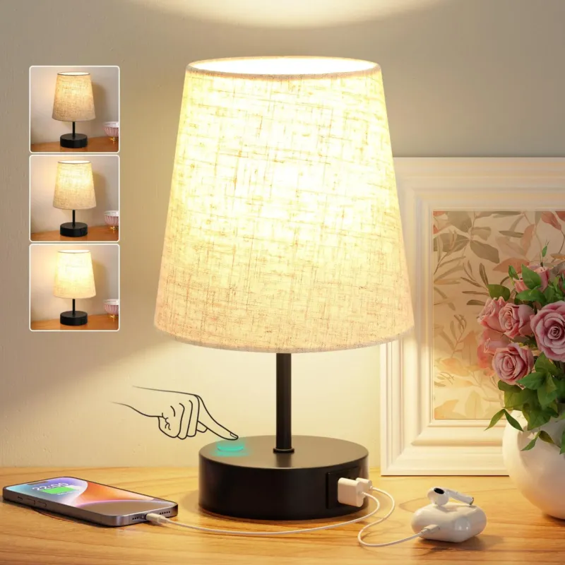 Bedside Lamp Touch Dimmable, USB A+C Charging Function, Table Lamp with Lampshade