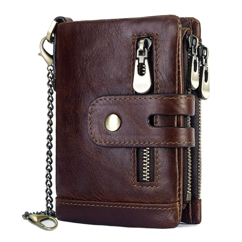 Leather Wallet with RFID Protection Slim Wallet with Chain Genuine Leather Small Wallet 15 card slots and Zippered Coin Pocket