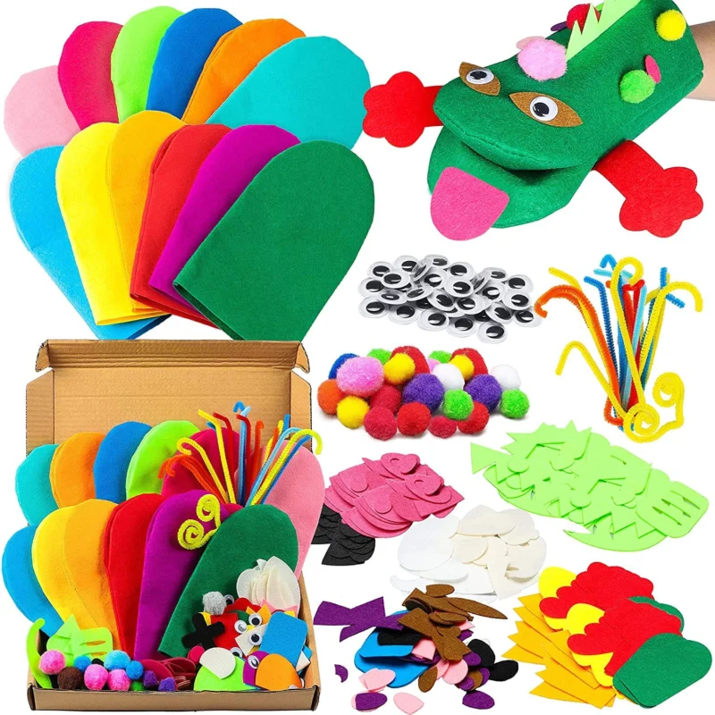 12Pcs Felt Hand Puppet DIY Art Craft Set for Modern Kids Felt Play Doll Sock Pompoms Crafts