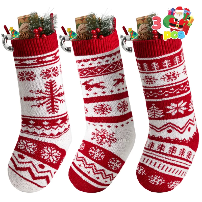 large rustic cable patterns Santa claus stocking-Santa claus boots for Christmas families