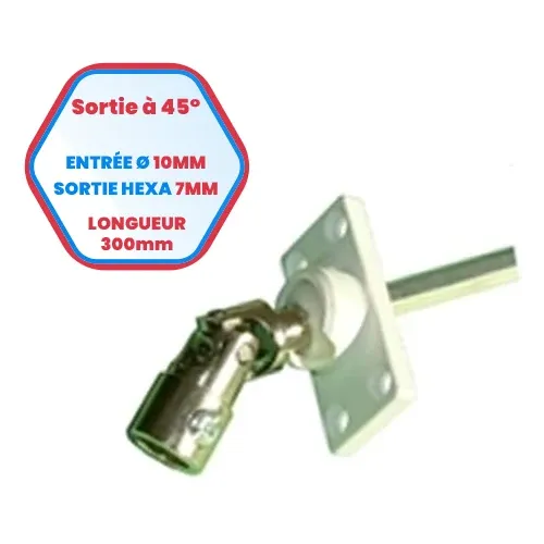 Sortie de caisson pvc à 45° - Entrée Ø 10 mm - Sortie hexa de 7 mm - Longueur 300 mm
